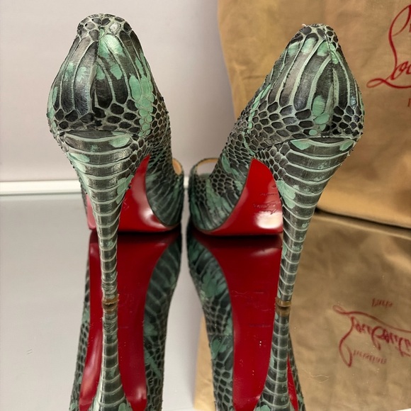 Christian Louboutin Bianca Python Peep Toe Platform Pumps Green Red Sole 39 - Picture 10 of 17